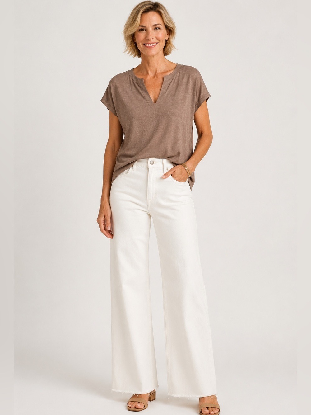 SIGRID OLSEN Cotton Modal Blend MADE IN PERU Khaki Cap Sleeve Tee Split V Neck